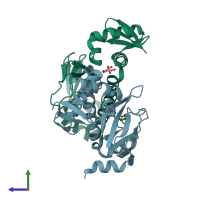 PDB entry 3ryp coloured by chain, side view.