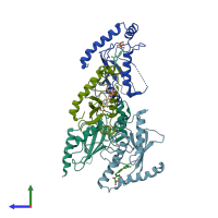 PDB entry 3rz3 coloured by chain, side view.