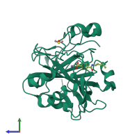 PDB entry 3rz5 coloured by chain, side view.