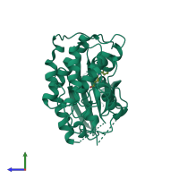 PDB entry 3rzb coloured by chain, side view.