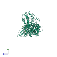 PDB entry 3rzf coloured by chain, side view.