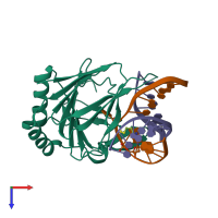 PDB entry 3rzm coloured by chain, top view.