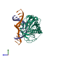 PDB entry 3sav coloured by chain, side view.
