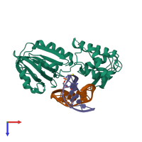 PDB entry 3sav coloured by chain, top view.