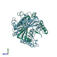 PDB entry 3sby coloured by chain, side view.