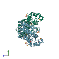PDB entry 3sc3 coloured by chain, side view.
