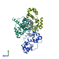 PDB entry 3sen coloured by chain, side view.