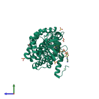 PDB entry 3sf6 coloured by chain, side view.