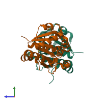 PDB entry 3sf8 coloured by chain, side view.