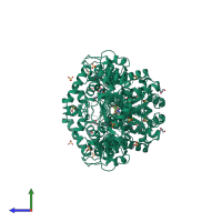 Homo dimeric assembly 1 of PDB entry 3sfu coloured by chemically distinct molecules, side view.