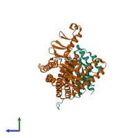 PDB entry 3sfv coloured by chain, side view.