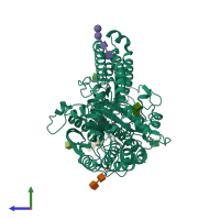 PDB entry 3sje coloured by chain, side view.