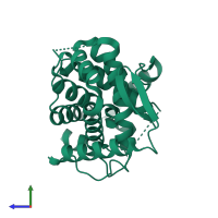 PDB entry 3sk9 coloured by chain, side view.