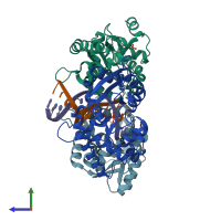 PDB entry 3sm4 coloured by chain, side view.