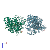 PDB entry 3snx coloured by chain, top view.