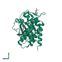 Monomeric assembly 1 of PDB entry 3srv coloured by chemically distinct molecules, side view.