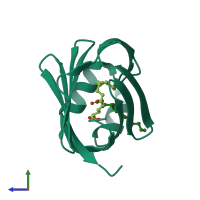 PDB entry 3stk coloured by chain, side view.