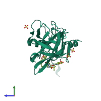 PDB entry 3su1 coloured by chain, side view.