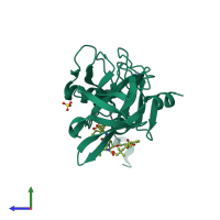 PDB entry 3su3 coloured by chain, side view.