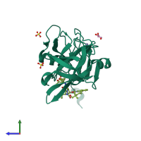 PDB entry 3su6 coloured by chain, side view.