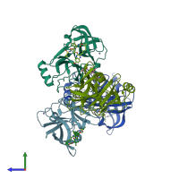 PDB entry 3sue coloured by chain, side view.