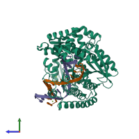 PDB entry 3sv4 coloured by chain, side view.