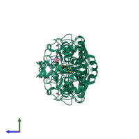 Homo dimeric assembly 2 of PDB entry 3sxg coloured by chemically distinct molecules, side view.