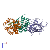 Hetero trimeric assembly 2 of PDB entry 3szk coloured by chemically distinct molecules, top view.