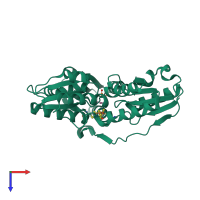 Monomeric assembly 1 of PDB entry 3szu coloured by chemically distinct molecules, top view.