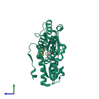 Monomeric assembly 2 of PDB entry 3szu coloured by chemically distinct molecules, side view.