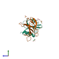 PDB entry 3t04 coloured by chain, side view.