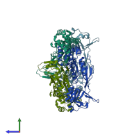 PDB entry 3t1b coloured by chain, side view.