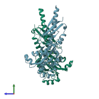 PDB entry 3t4s coloured by chain, side view.