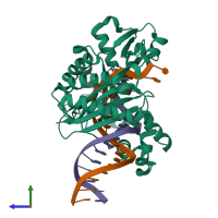 PDB entry 3t5j coloured by chain, side view.