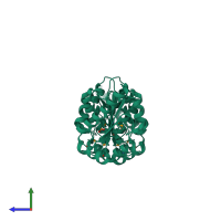 Homo dimeric assembly 1 of PDB entry 3t61 coloured by chemically distinct molecules, side view.