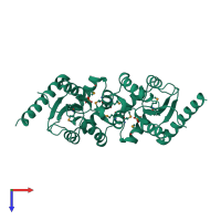 Homo dimeric assembly 1 of PDB entry 3t61 coloured by chemically distinct molecules, top view.