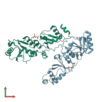 PDB entry 3t7k coloured by chain, front view.