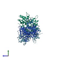 PDB entry 3t9u coloured by chain, side view.