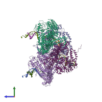 PDB entry 3tae coloured by chain, side view.