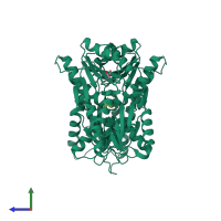 Homo dimeric assembly 1 of PDB entry 3tb6 coloured by chemically distinct molecules, side view.