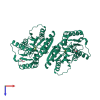 Homo dimeric assembly 1 of PDB entry 3tb6 coloured by chemically distinct molecules, top view.