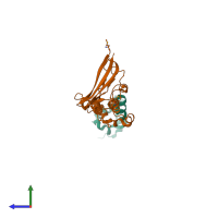 PDB entry 3tbi coloured by chain, side view.