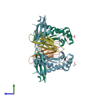 PDB entry 3tbs coloured by chain, side view.