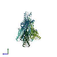 PDB entry 3td3 coloured by chain, side view.
