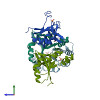 PDB entry 3tdm coloured by chain, side view.