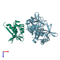 PDB entry 3tdn coloured by chain, top view.