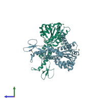 PDB entry 3te6 coloured by chain, side view.