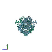 PDB entry 3tev coloured by chain, side view.