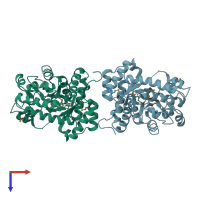 PDB entry 3tev coloured by chain, top view.