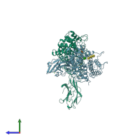 PDB entry 3tf4 coloured by chain, side view.